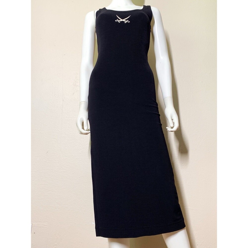 Future Ozbek Vintage Bodycon Dress US 6 Fitted Black Ribbed Swords Slit Pullover